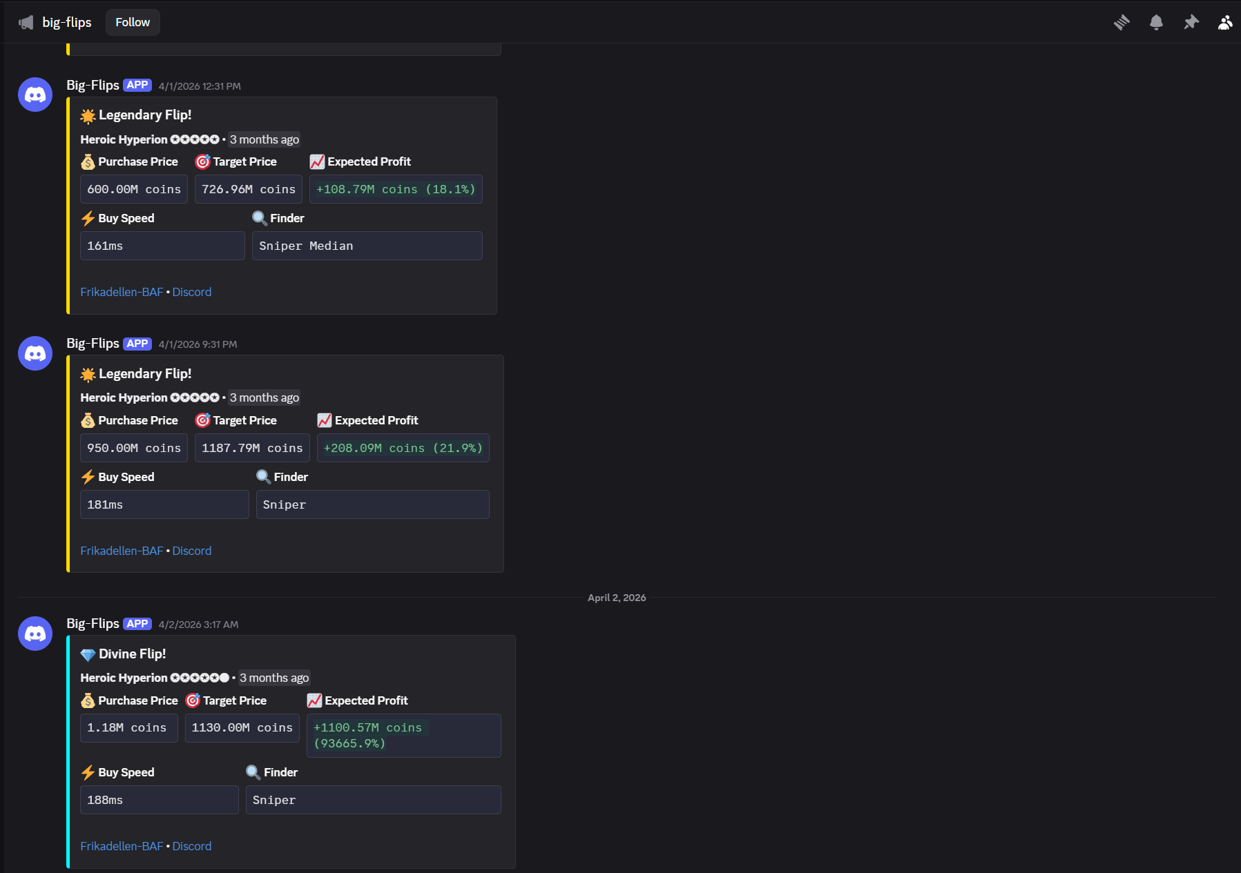 Discord big-flips channel showing profit notifications
