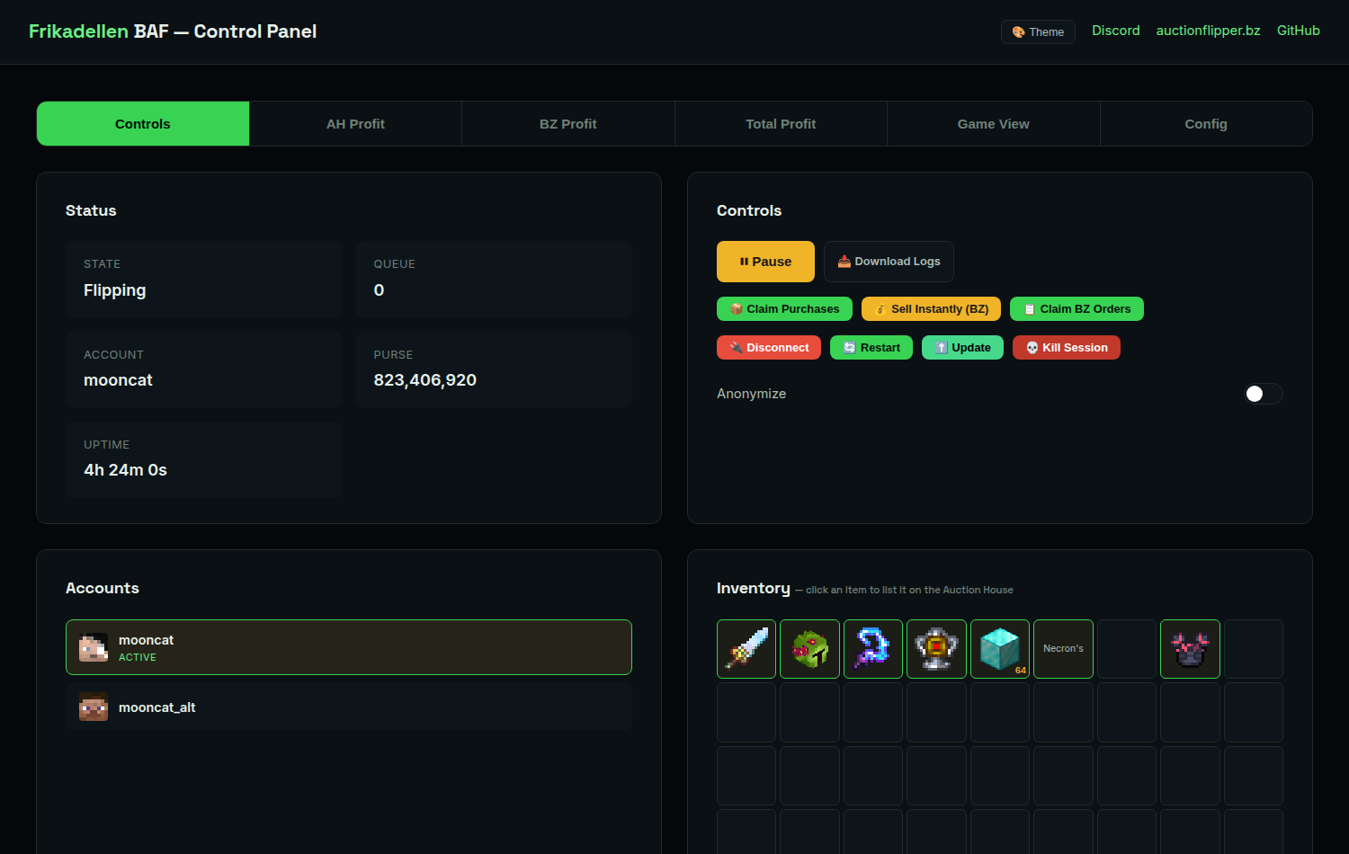 Web control panel: status, pause/claim controls, accounts, and inventory